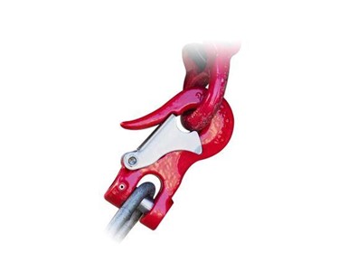 A pair of red Mawby Hooks for trailer safety chains